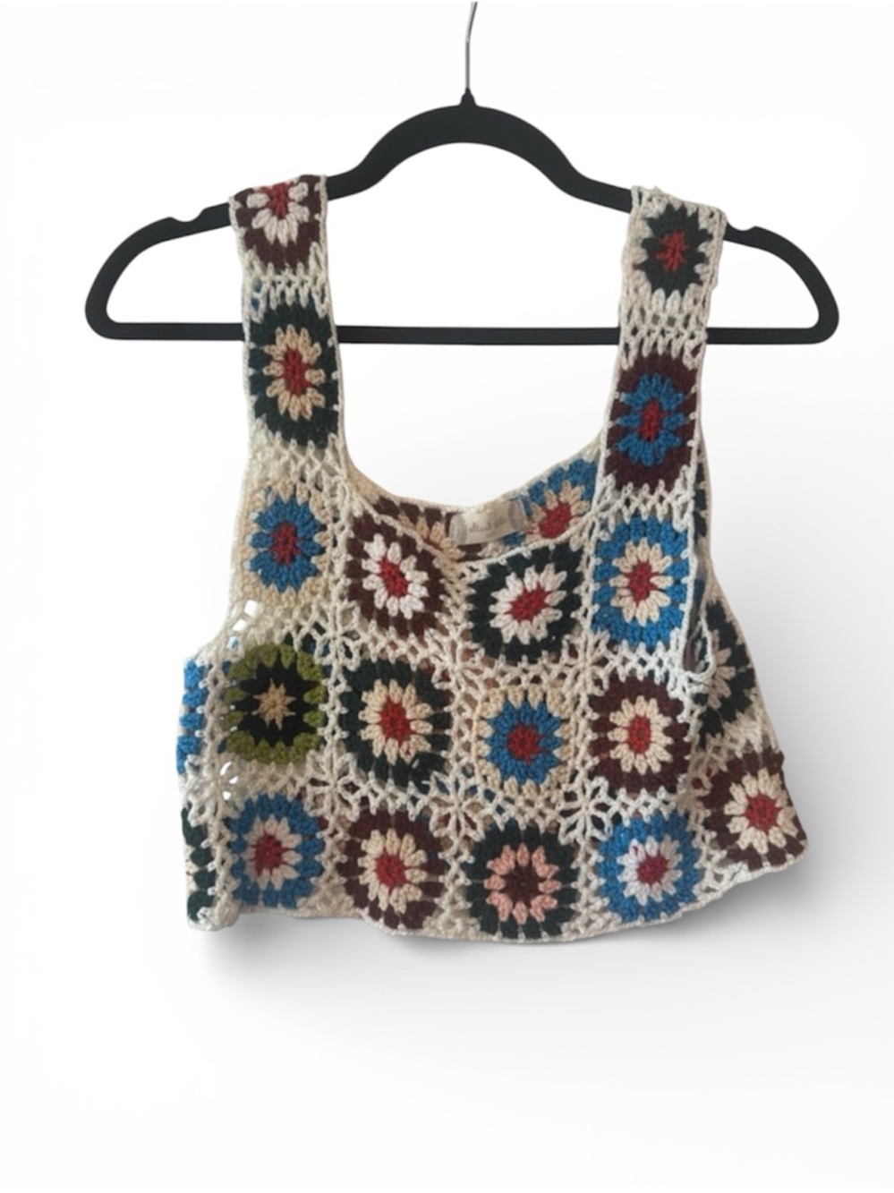 Altar’d State Crochet Floral Square CropTank Top - Cream with Multicolor Flowers